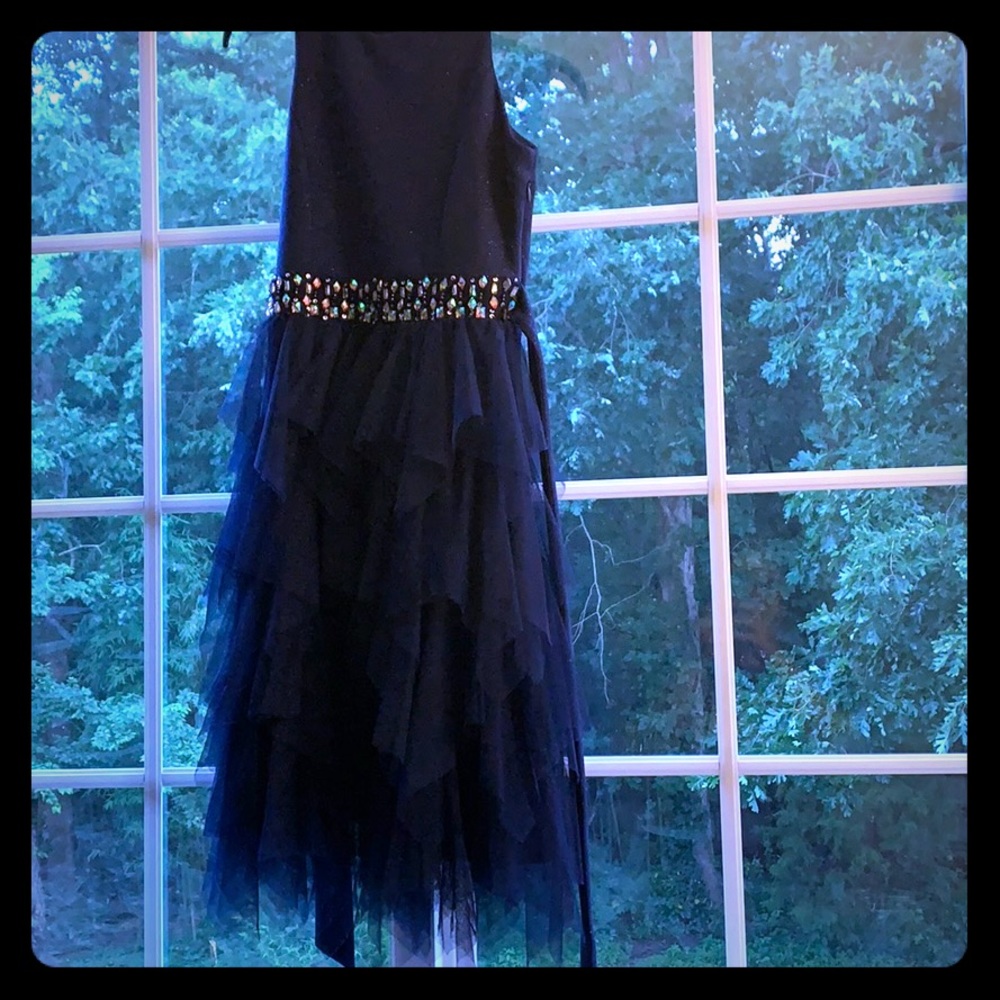 This is a beautiful navy blue dress.